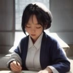 caimogu内容编辑小树的工作照，年轻女性坐在明亮的工作台前，手持平板电脑浏览资讯内容，桌上摆着咖啡杯和手写笔记本，展现出活跃的内容选题工作状态